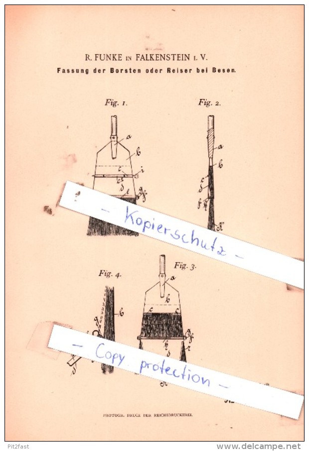 Original Patent  - R. Funke In Falkenstein I. V. , 1895 , Fassung Der Borsten Oder Reiser Bei Besen !!! - Historische Dokumente