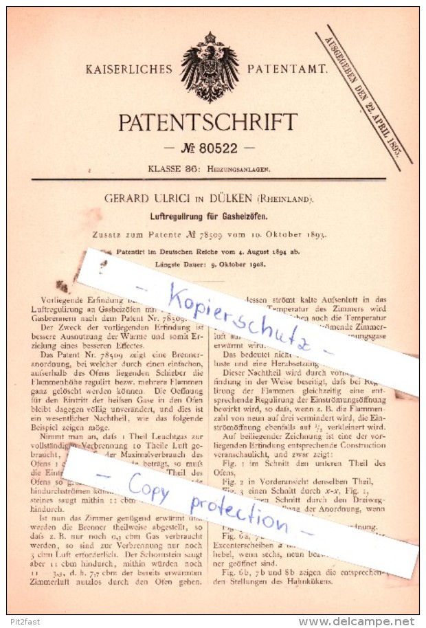 Original Patent  - Gerard Ulrici In Dülken , Rheinland , 1894 , Luftregulirung Für Gasheizöfen !!! - Historische Dokumente