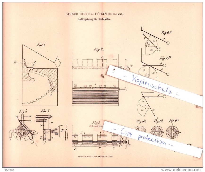 Original Patent  - Gerard Ulrici In Dülken , Rheinland , 1894 , Luftregulirung Für Gasheizöfen !!! - Historische Dokumente