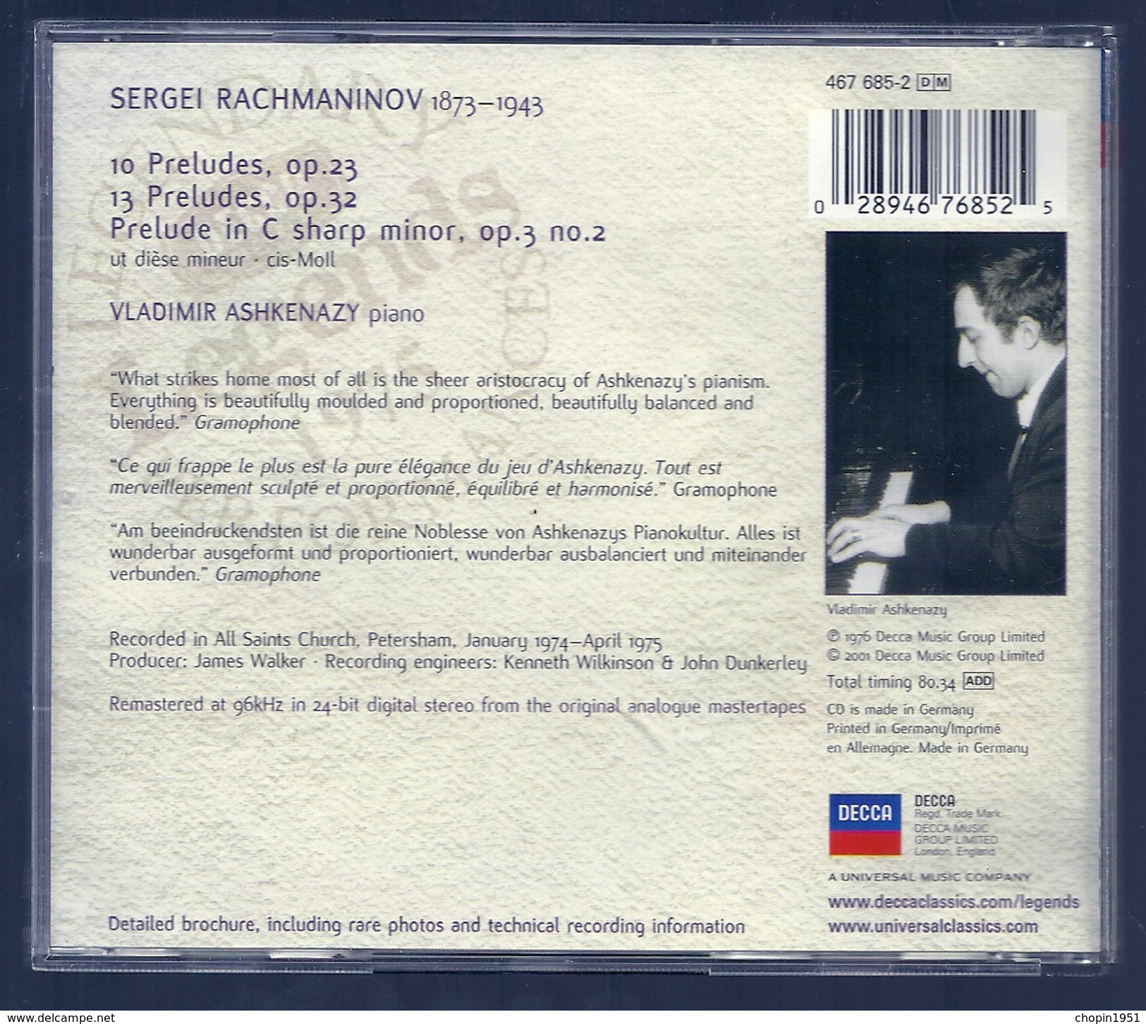 CD PIANO - RACHMANINOV : 24 PRELUDES - VLADIMIR ASHKENAZY, Piano - Klassik