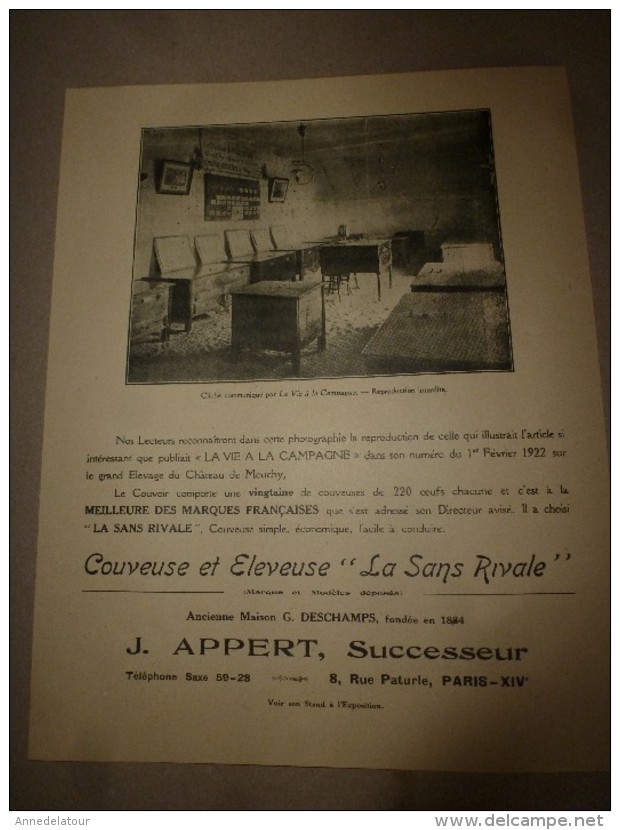 1923 Publicité Volante (origine Revue)  COUVEUSE & ELEVEUSE  ----> " LA SANS RIVALE " - Publicités