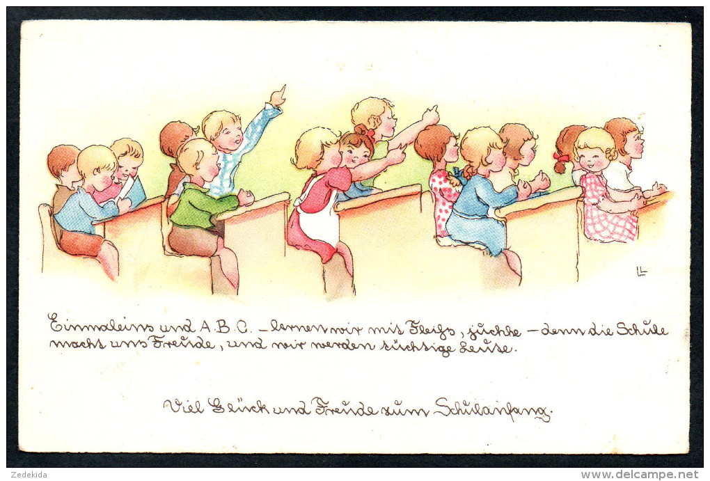8052 - Alte Glückwunschkarte - Schulanfang - Liesel Lauterborn - Gel 1937 - HWB 6299 - Einschulung