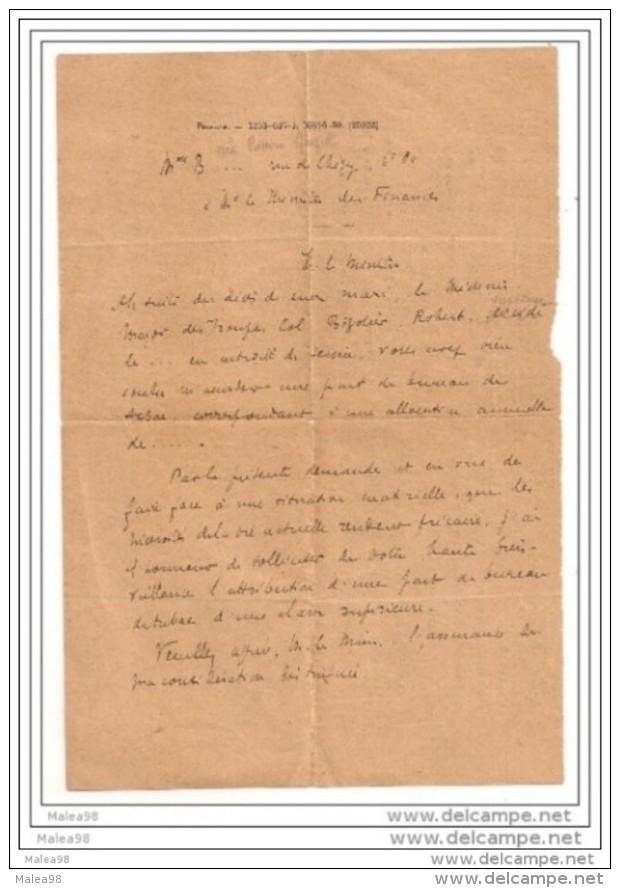 LETTRE ADRESSEE Au MINISTRE Des FINANCES Pour L' ATTIBUTION D' UN  BUREAUde TABAC,, Apres  DECES Du MARI  MILITAIRE,,, - Documents