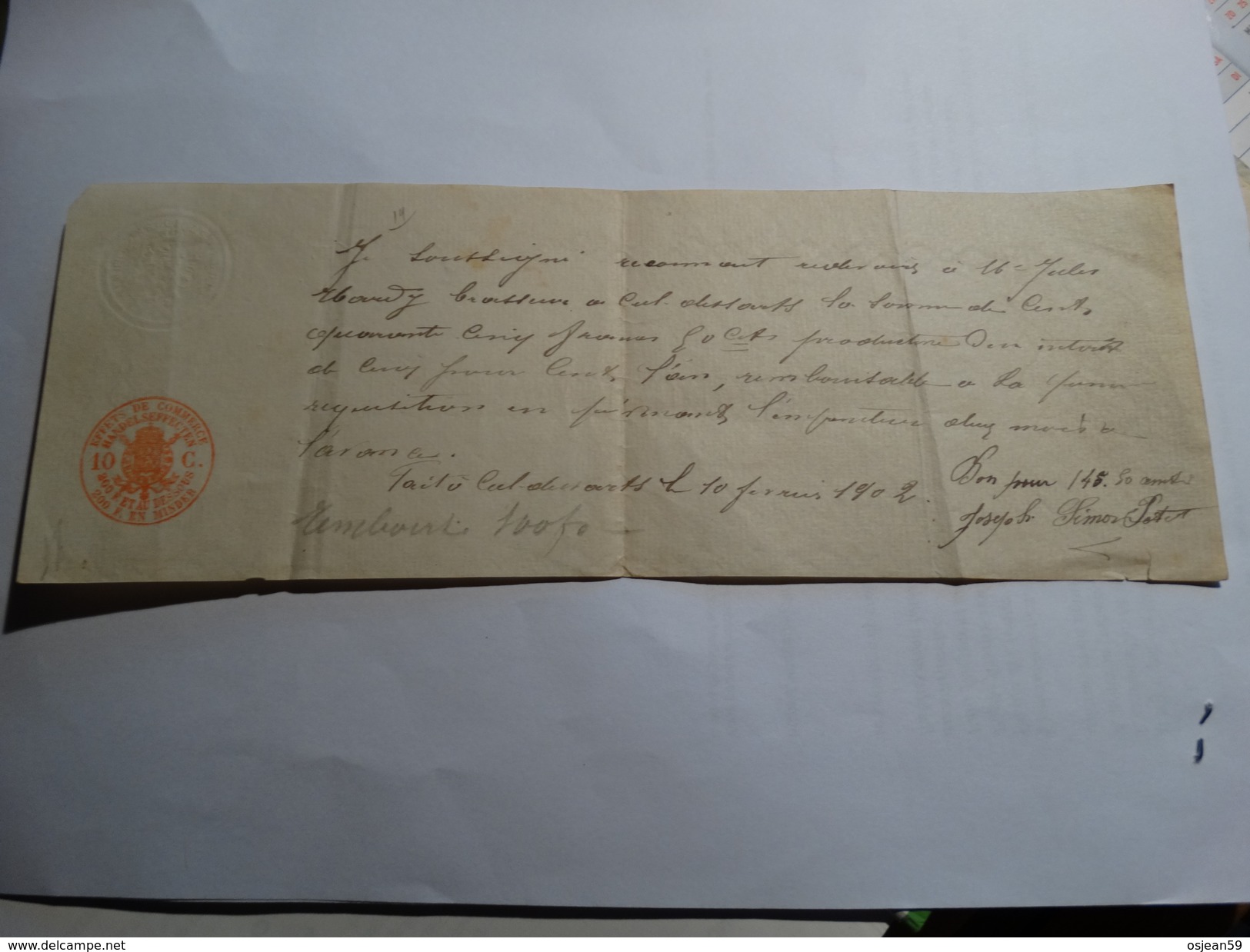 Cachet Fiscal Sur Document .-10/02/1902 Fait à Cul-des-Sart Sur Papier Avec Filigramme - Documents