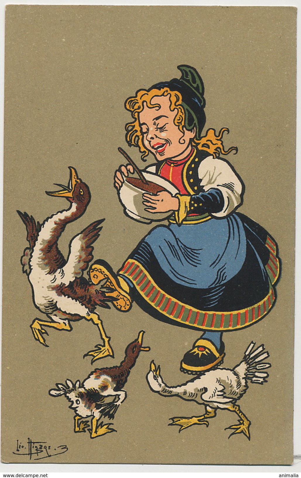 Art Card Girl Eating With Chicken Hens Signed Leo Hingre  Advert Chemiserie Marot 51 Rue Rochechouart Paris 9 Eme - Cartes Humoristiques