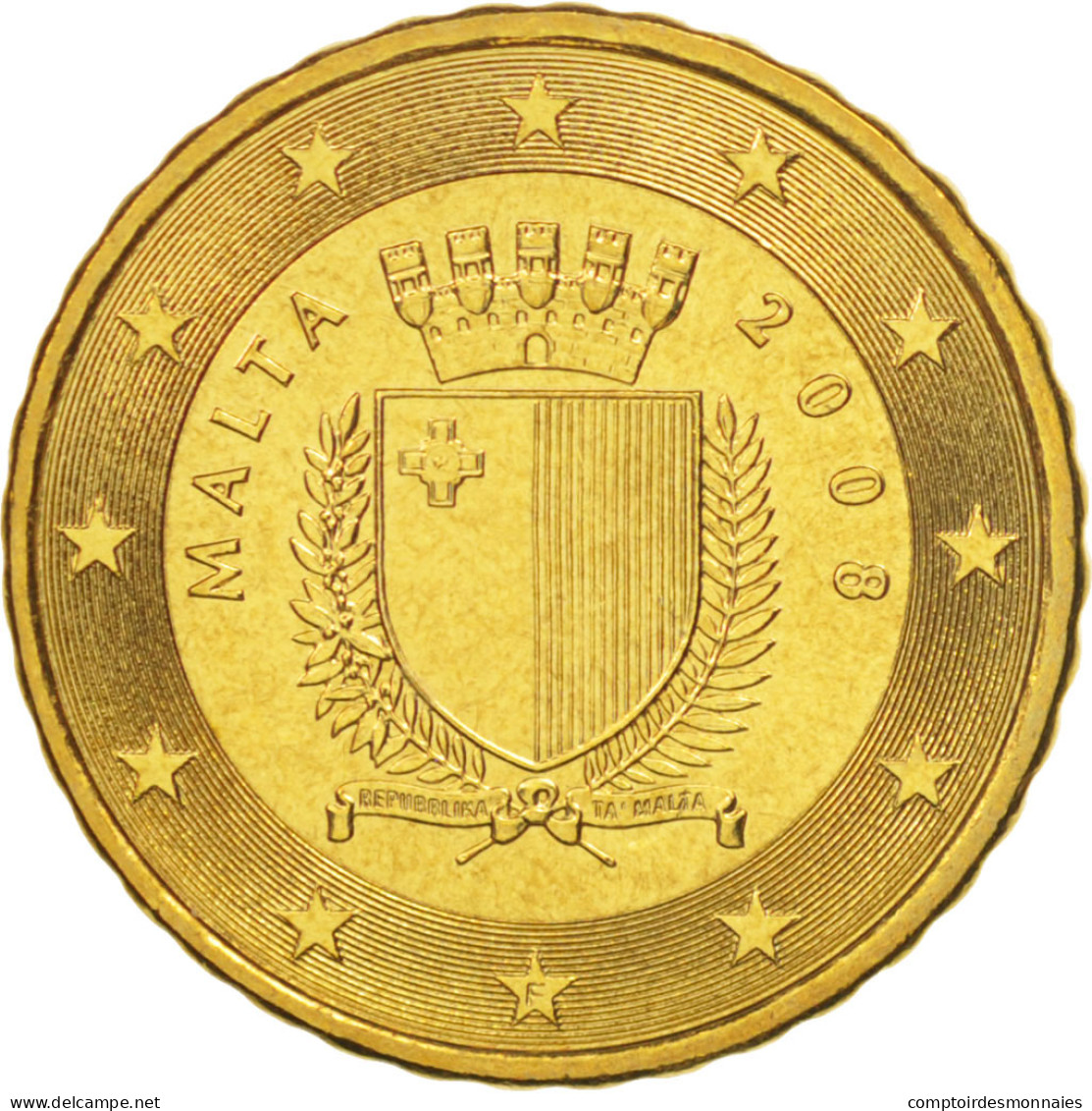 Malte, 10 Euro Cent, 2008, SPL+, Laiton, KM:128 - Malta