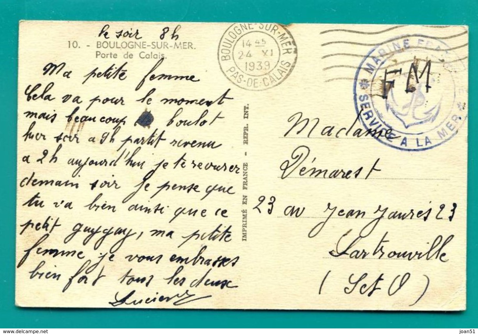 M6 : FLIER TAD BOULOGNE 24.XI.1939 CACHET MARINE FRANCAISE SERVICE A LA MER - Guerre De 1939-45