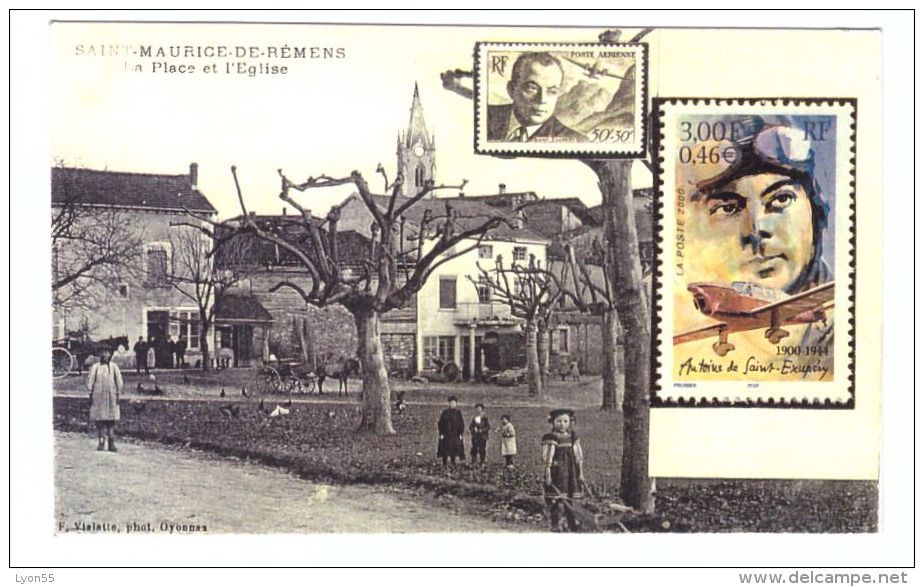 Saint Maurice De Remens La Place Et L'église Reproduction Carte Ancienne Avec Timbres De St Exupery - Unclassified