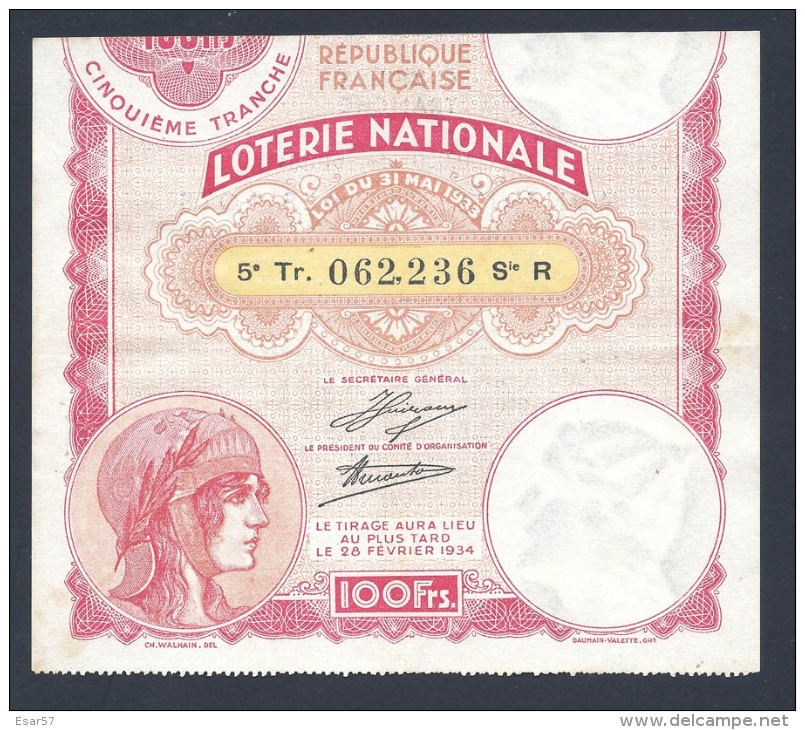 Loterie Nationale  Billet Entier De 100 F. - 5 ème Tranche 1934 - Billets De Loterie