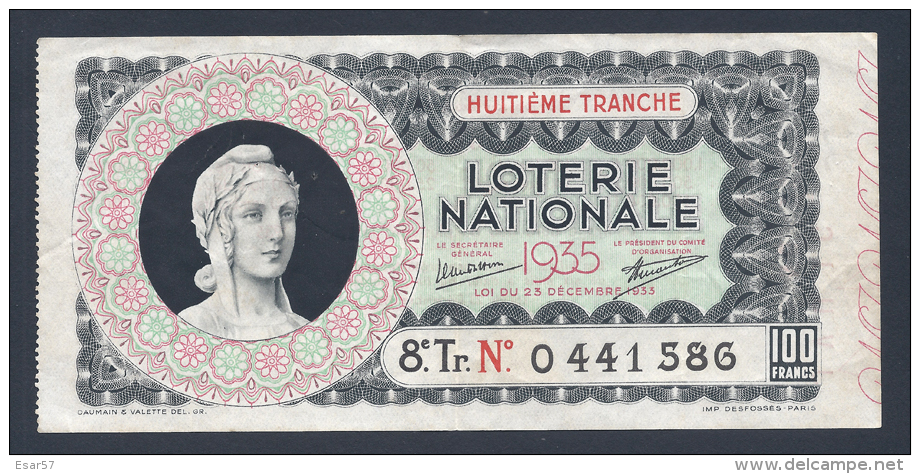 Loterie Nationale  Billet Entier De 100 F. - 8 ème Tranche 1935 - Billets De Loterie
