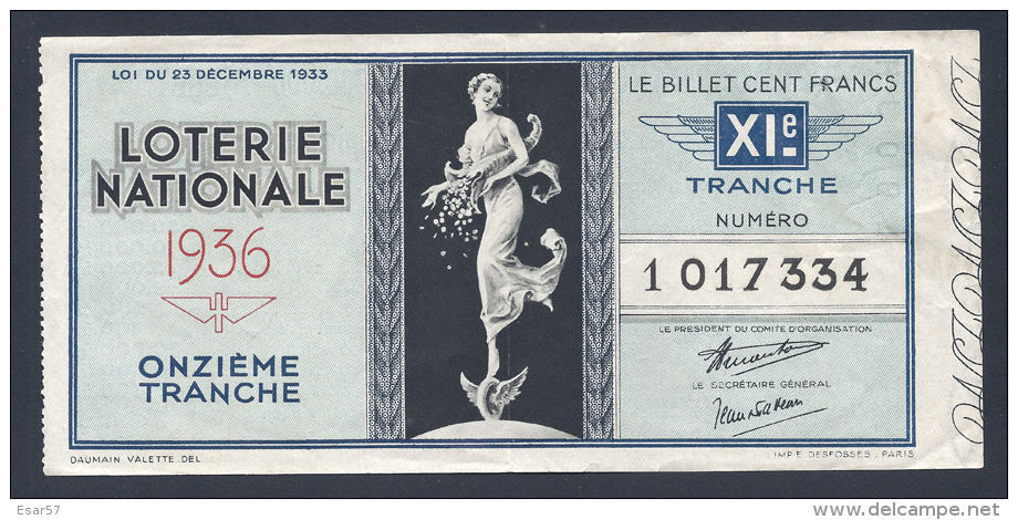 Loterie Nationale  Billet Entier De 100 F. - 11 ème Tranche 1936 - Billets De Loterie