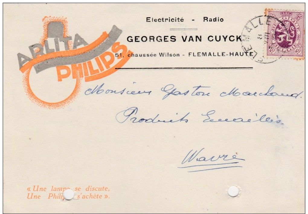 Flemalle-Haute ,carte Publicité ,Georges Van Cuyck  ,radio, électricité, Ampoule  PHILIPS  ARLITA - Flémalle