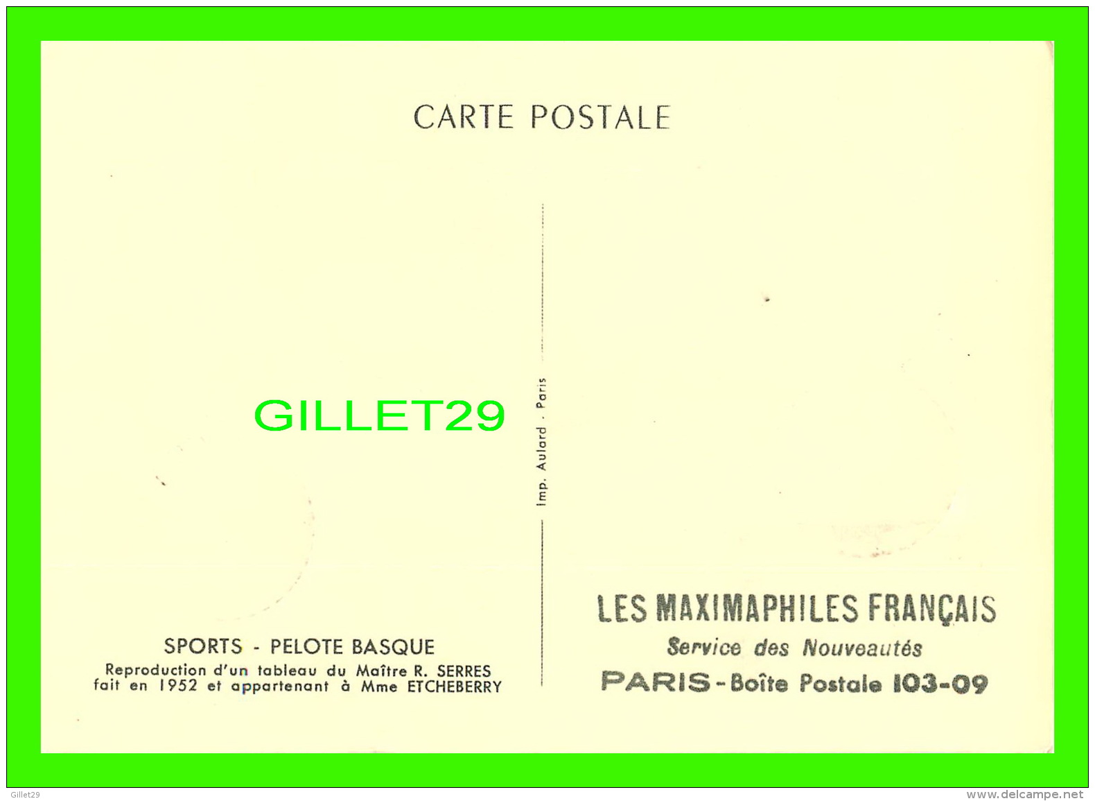 SPORTS, PELOTE BASQUE - TABLEAU FAIT PAR R. SERRES EN 1952 - TIMBRE 1957 - - Autres & Non Classés