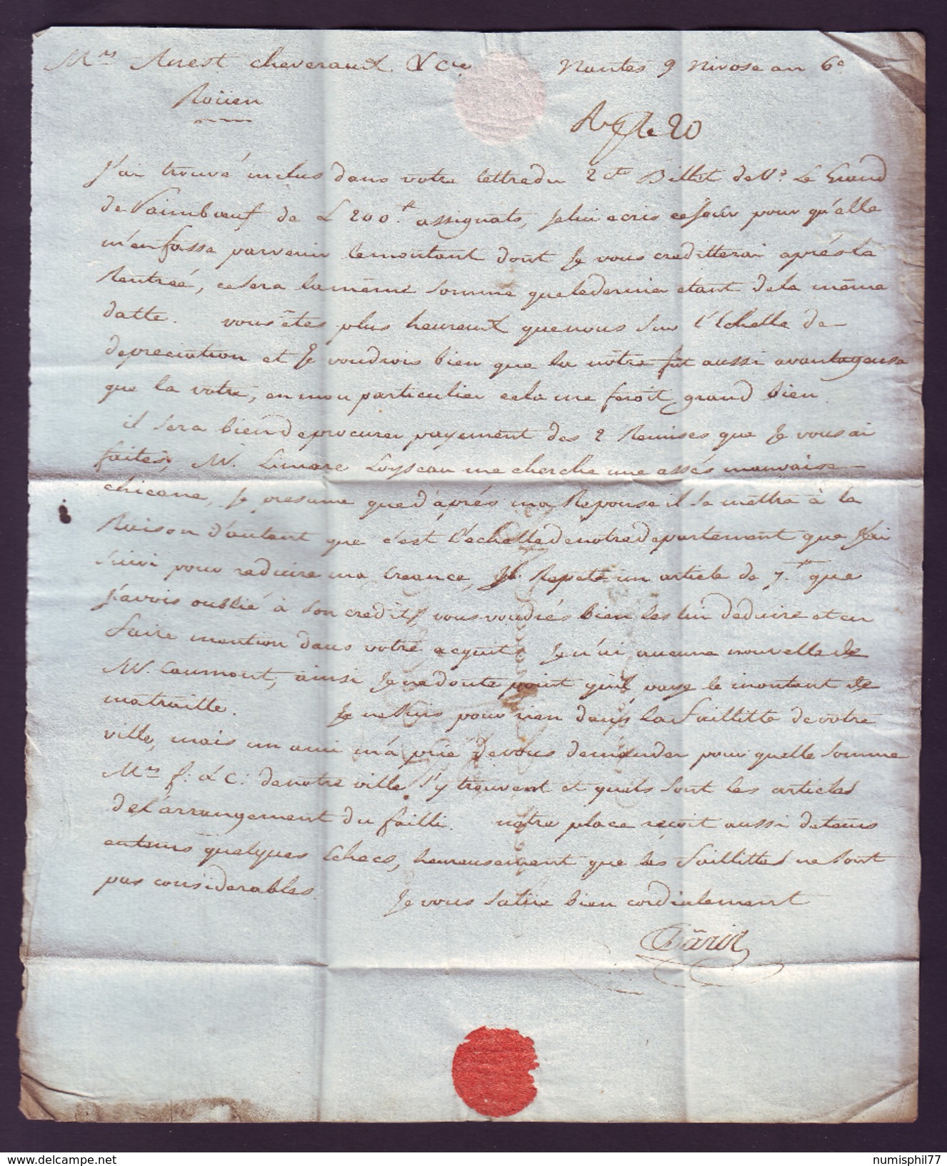 Lettre Ancienne Avec Marque Postale 42/NANTES Pour Rouen Du 29 Décembre 1797 - 1701-1800: Précurseurs XVIII