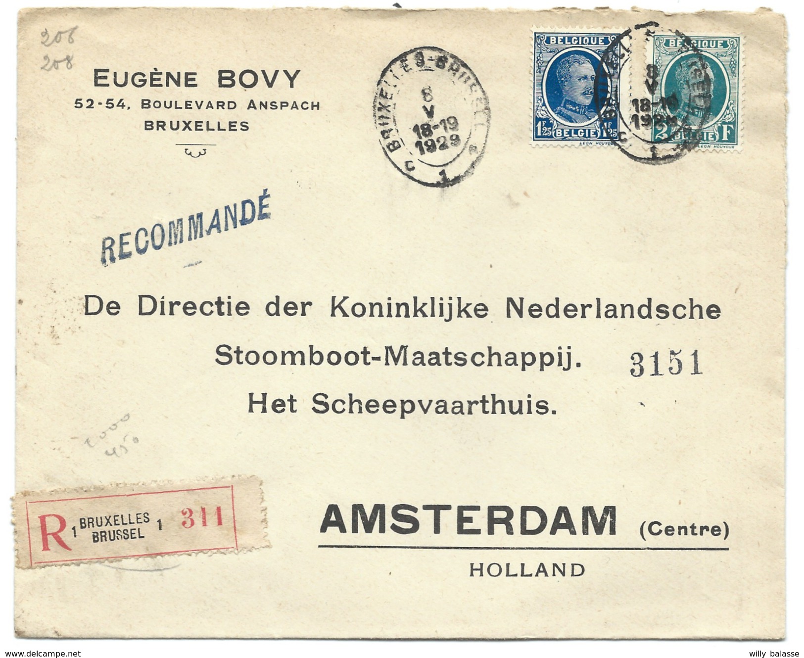 L Recom Affr N°206+208 Oval BRUXELLES/1929 Pour Amsterdam - 1922-1927 Houyoux