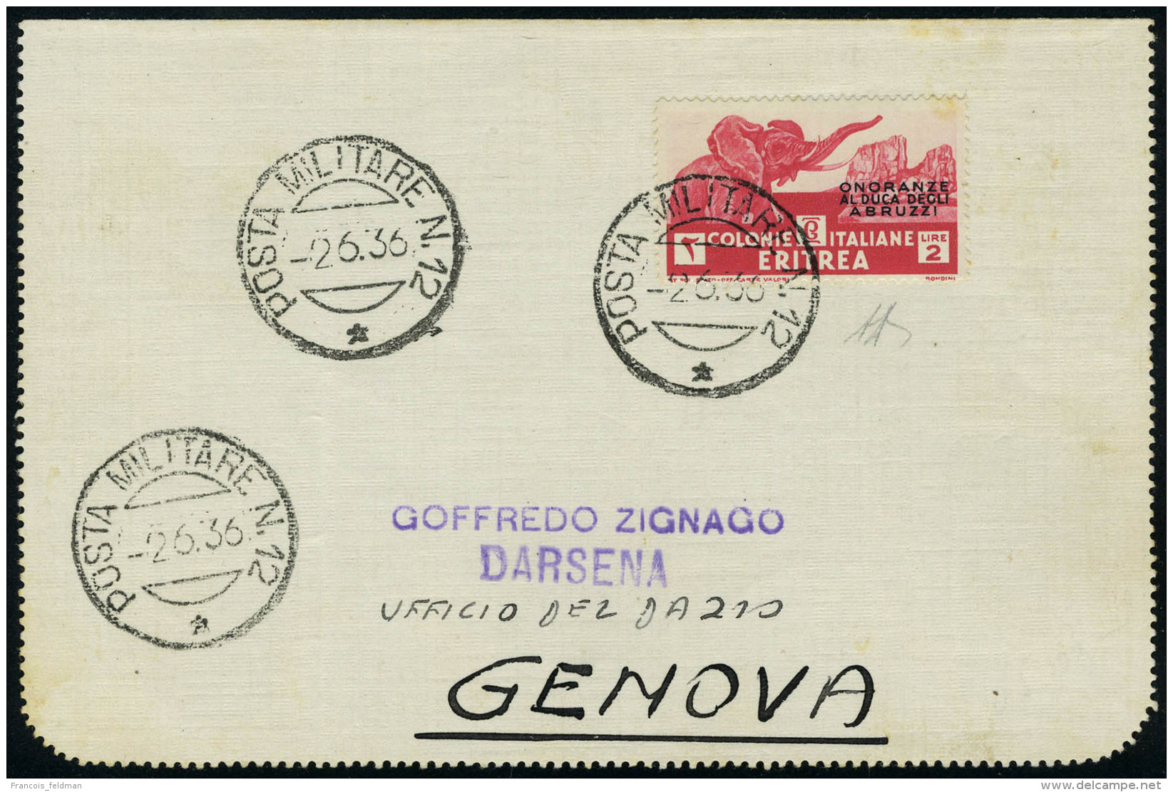 Lettre N° 209, 2 Lire éléphant, Obl Poste Militaire N° 12 2.6.36 Sur L Pour Genova T.B.... - Autres & Non Classés