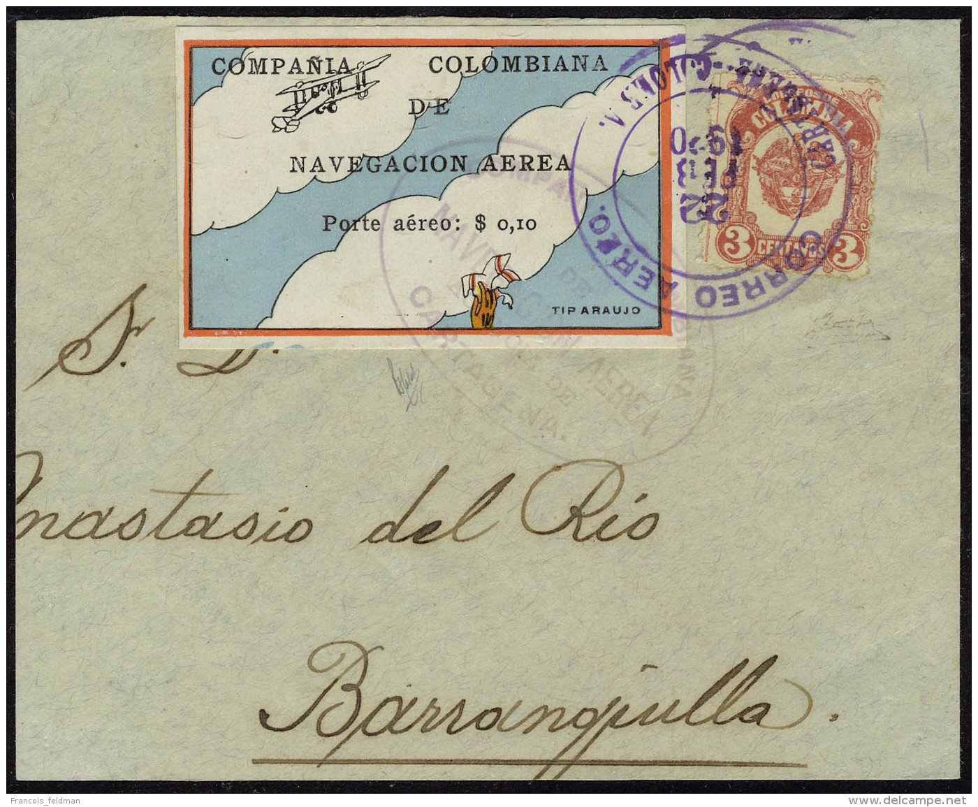 Lettre N° 2A, 10c Vignette Multicolore Sur Fragment De Lettre Obl Cartagena 22 Fev 1920 1er Jour,... - Autres & Non Classés