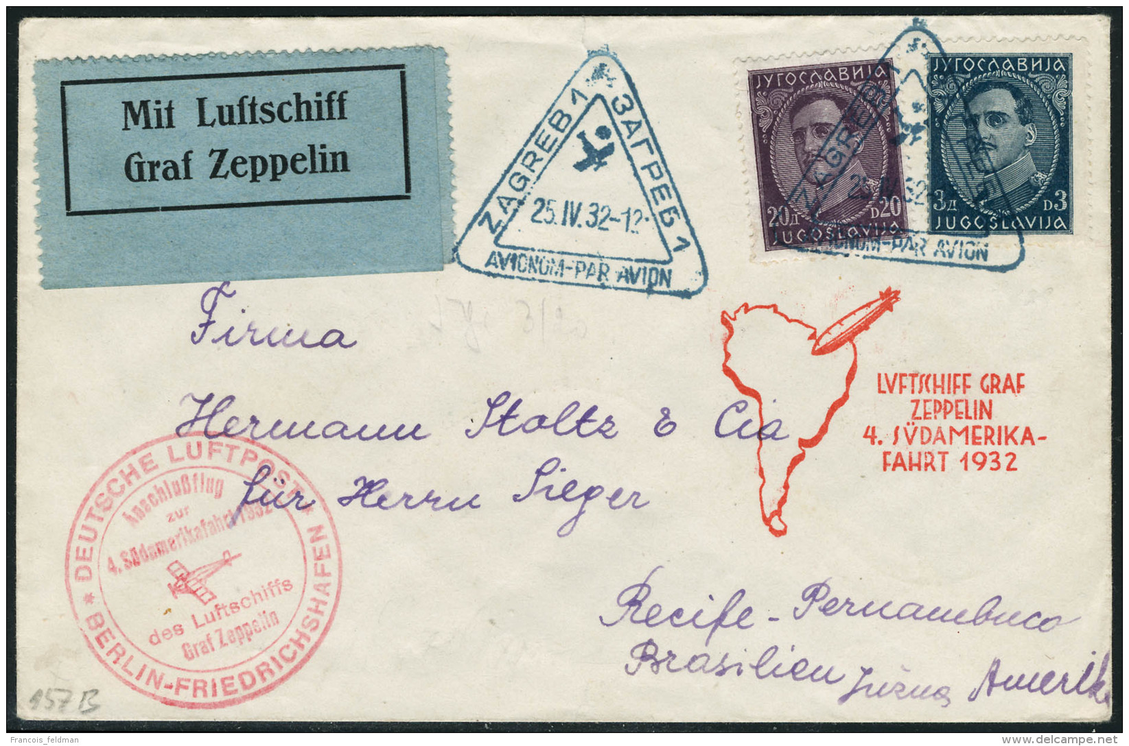 Lettre Zeppelin. 4° SAF 1932. Lettre Avec CàD Triangulaire Zagreb 25.IV.32. Cachet De Transit... - Autres & Non Classés