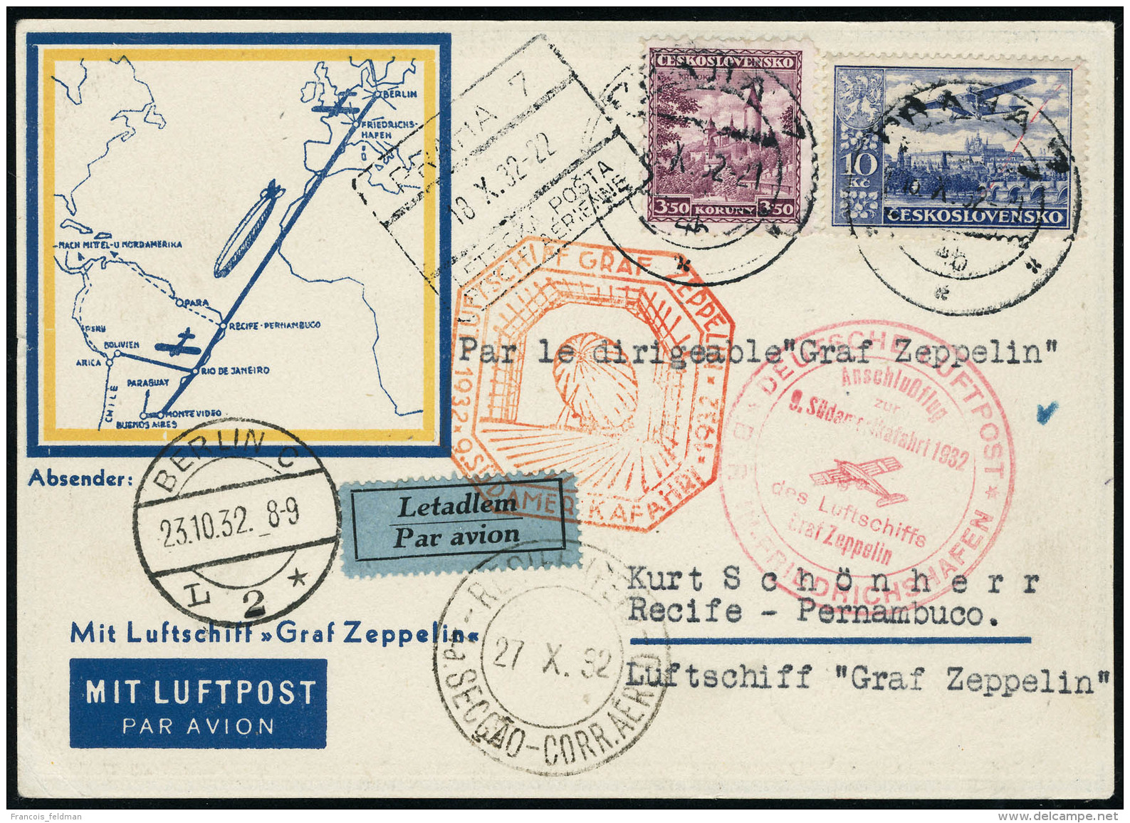 Lettre Zeppelin. 9. SAF 1932. C.P. Illustrée Au Recto. CàD Praha 18.X.32. CàD De Transit De... - Sonstige & Ohne Zuordnung