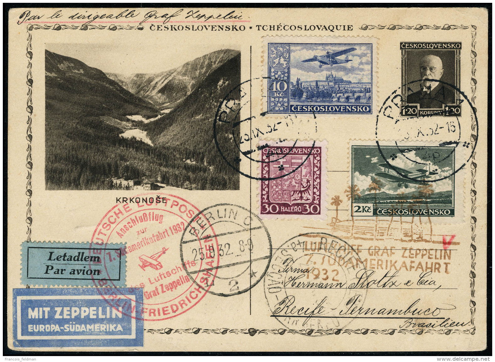 Lettre Zeppelin. 7. SAF. E.P. Illustré Avec Complément D'affranchissement. CàD Praha 23.IX.32.... - Sonstige & Ohne Zuordnung