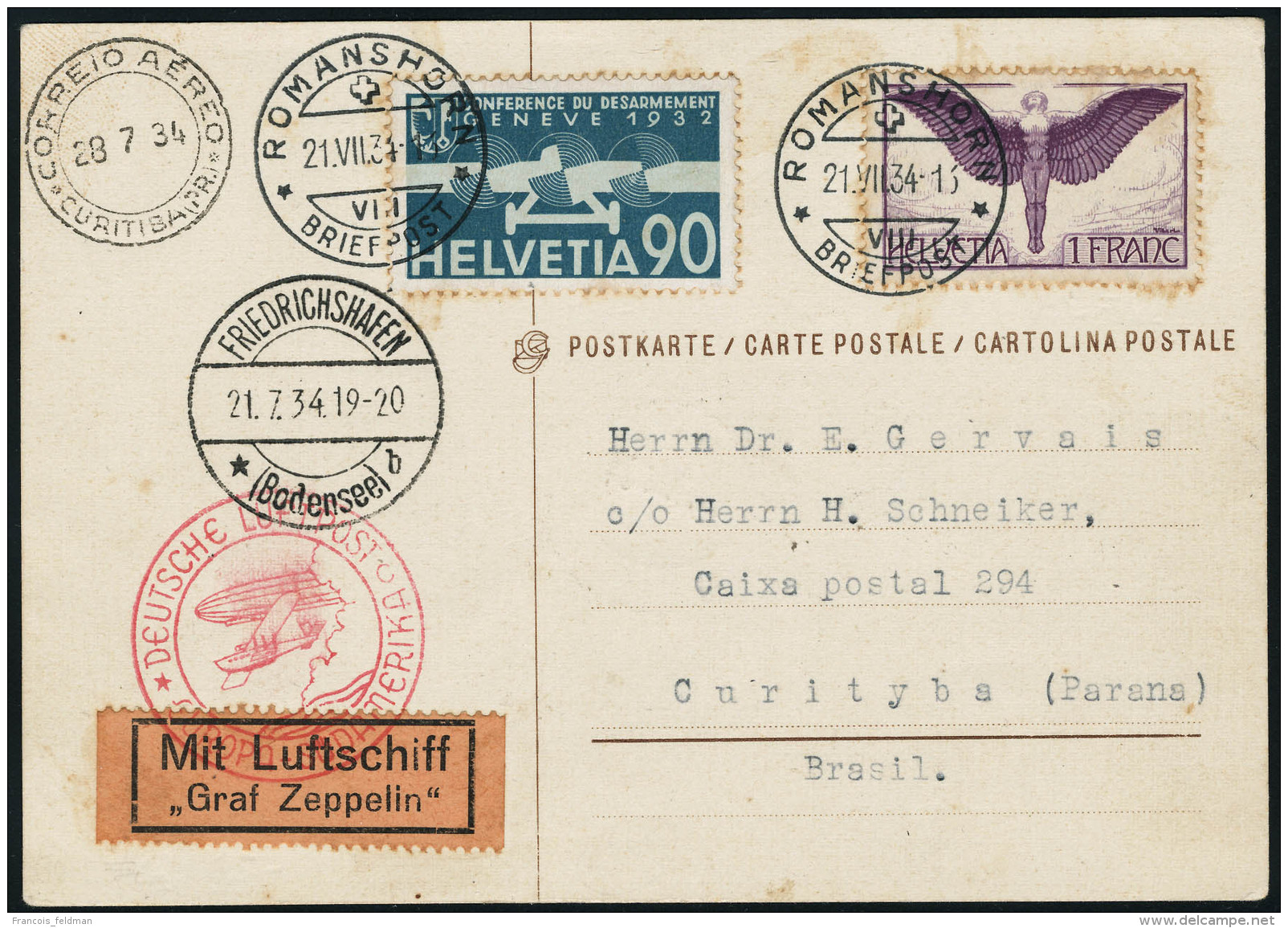 Lettre Zeppelin. C.P. Avec CàD Romanshorn 21.VII.34. Cachet Illustré Europa-Südamerika.... - Andere & Zonder Classificatie