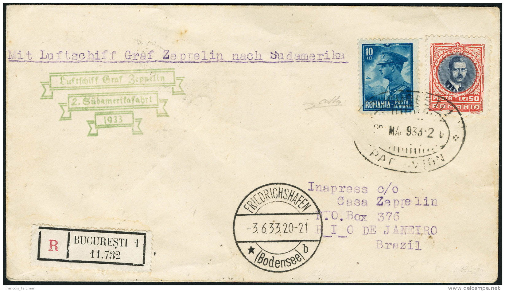 Lettre Zeppelin. 2è SAF 1933. LR De Bucarest (29 Mai 1933) Pour Rio De Janeiro. CàD Friedrischshafen... - Other & Unclassified