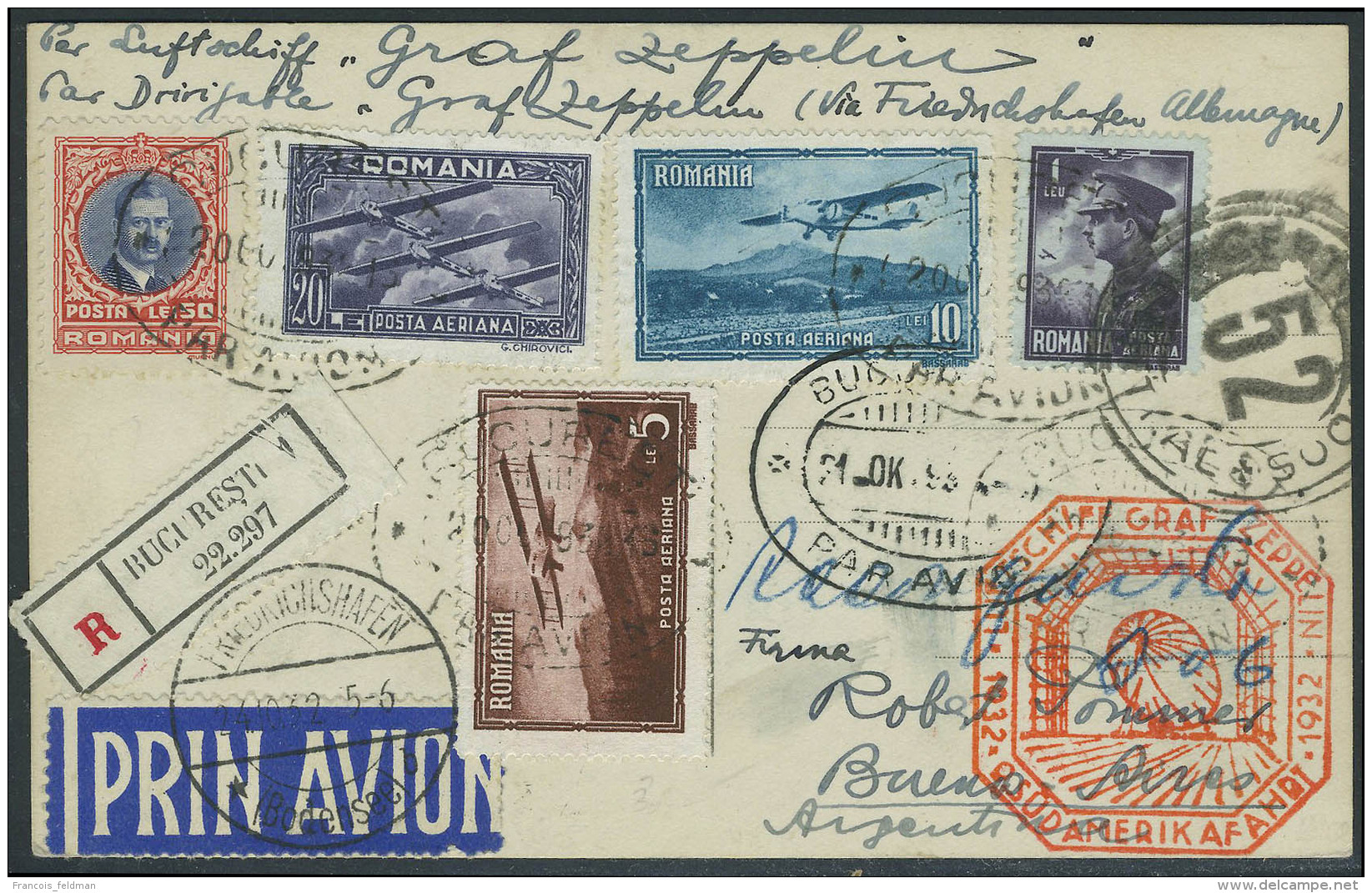 Lettre Zeppelin 9 SAF 1932, CP Illustrée Recommandée Càd Bucuresti 21 OK 32 Et Càd De... - Autres & Non Classés