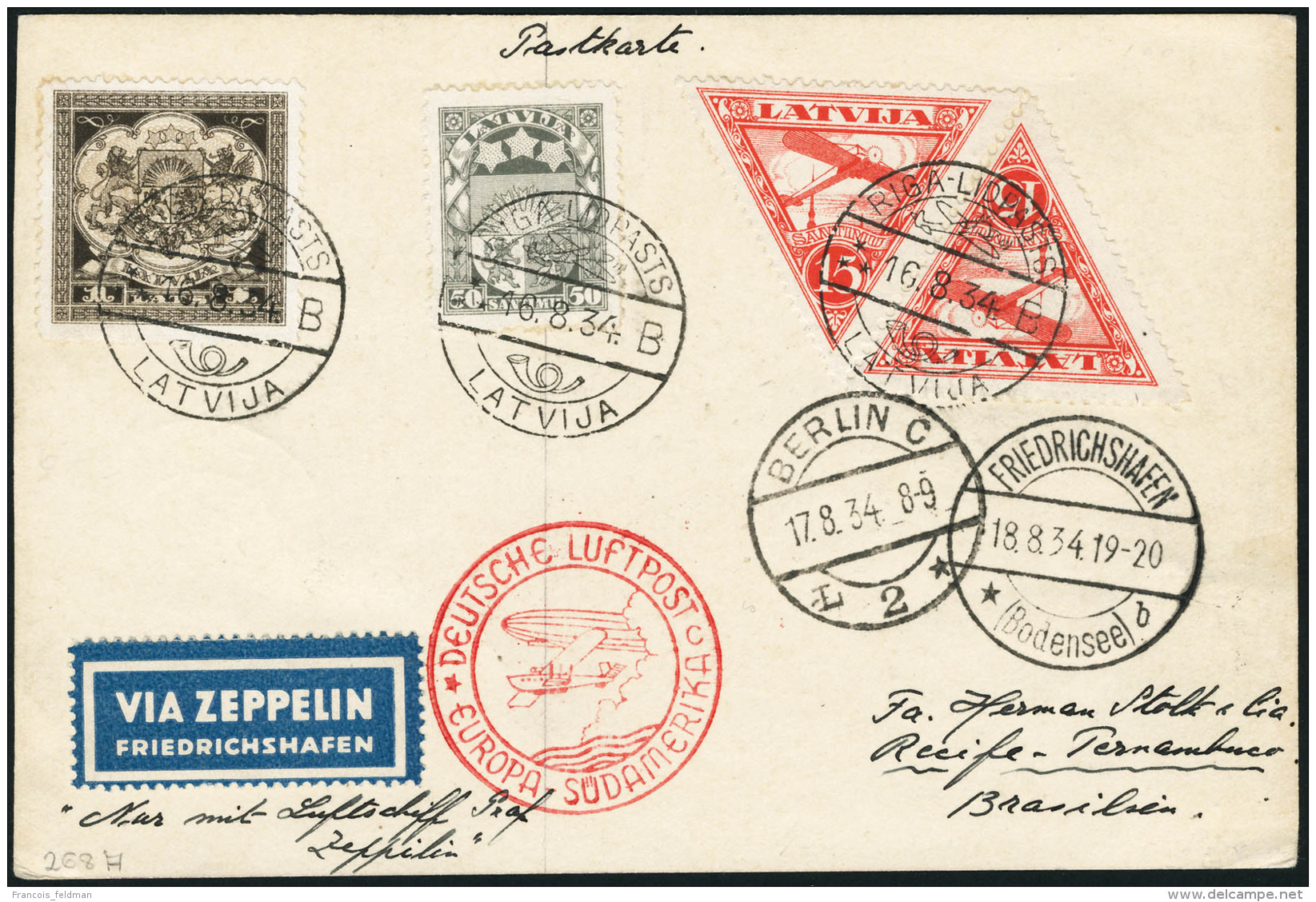 Lettre Zeppelin. C.P. Avec CàD Riga 16.8.34. Cachet Rouge Europa-Südamerika. CàD De Berlin... - Autres & Non Classés