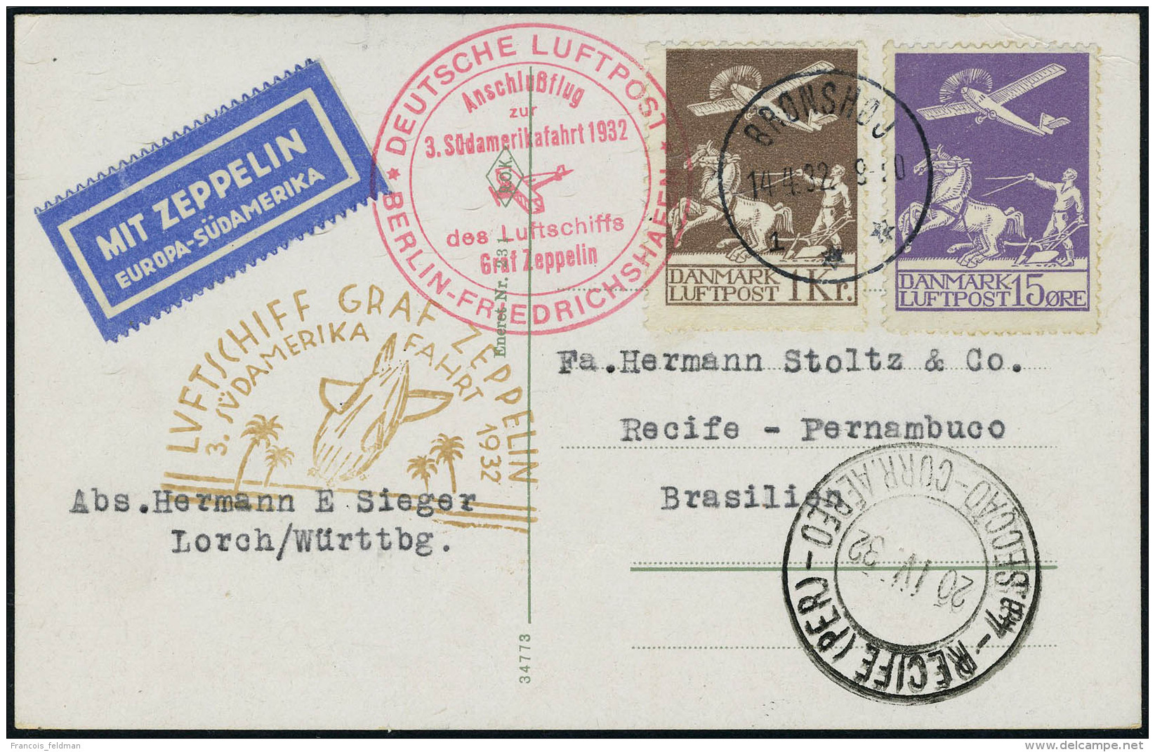 Lettre N° 2 + 5, Sur CP Illustrée Càd Bronshoj 14.4.32 Zeppelin 3 ZAF 1932 Pour Récife... - Autres & Non Classés