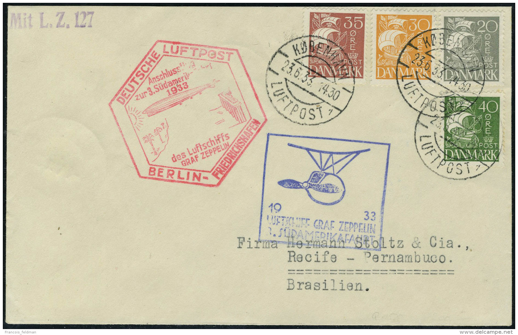 Lettre Zeppelin 3 SAF 1933 Pour Pernambuco Brésil, T.B. - Autres & Non Classés