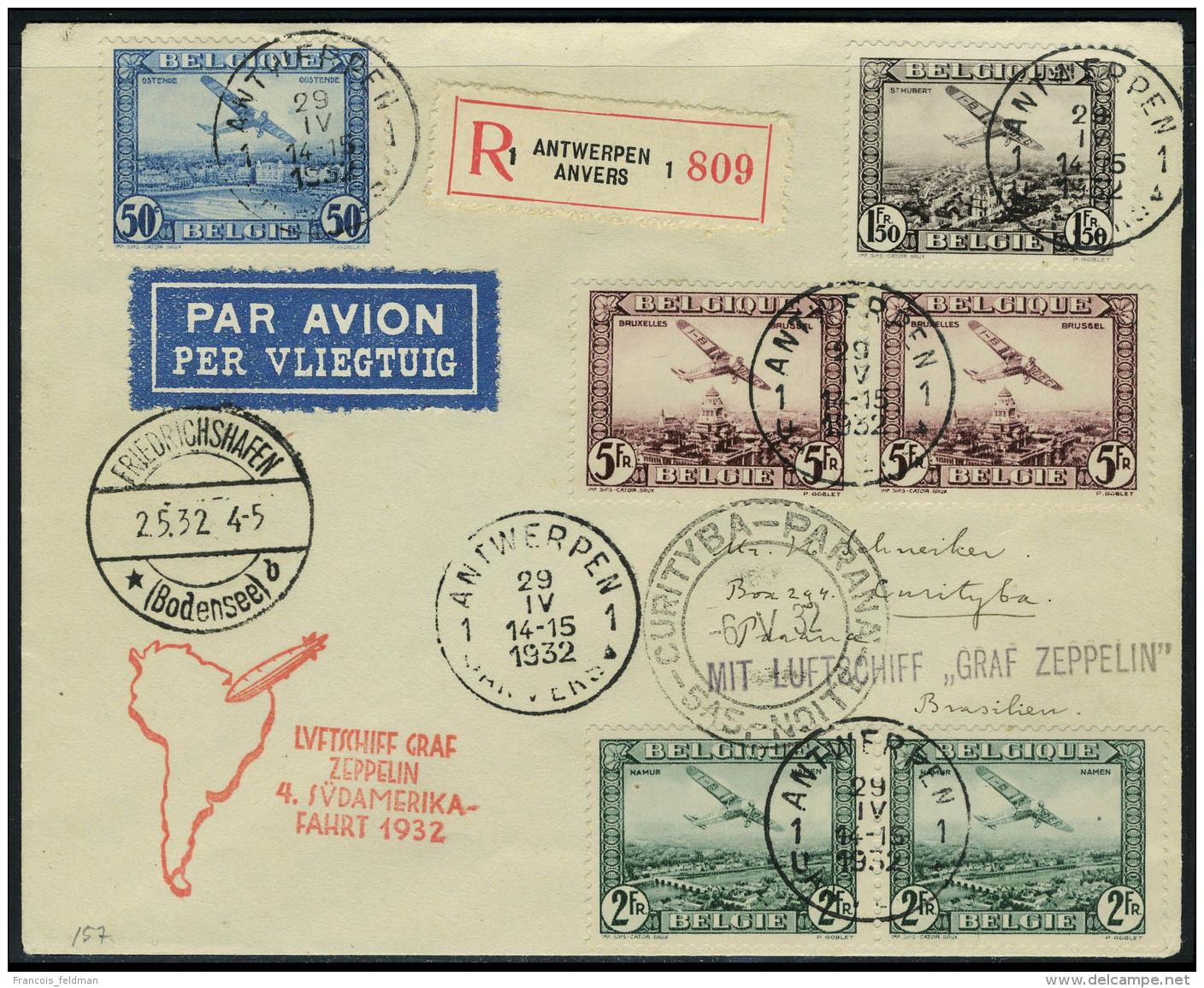 Lettre Zeppelin 4è SAF 1932 Pour Le Brésil, T.B. - Autres & Non Classés