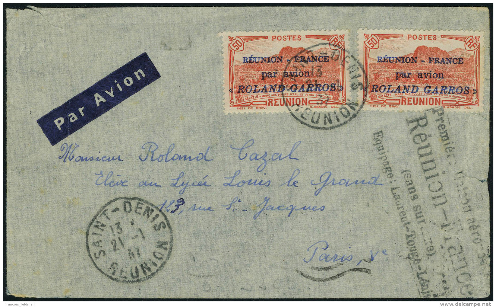 Lettre N° 1, 50c Roland Garros X 2ex Sur L Càd Saint Denis 21.1.37 Por Paris, Cachet Première... - Autres & Non Classés