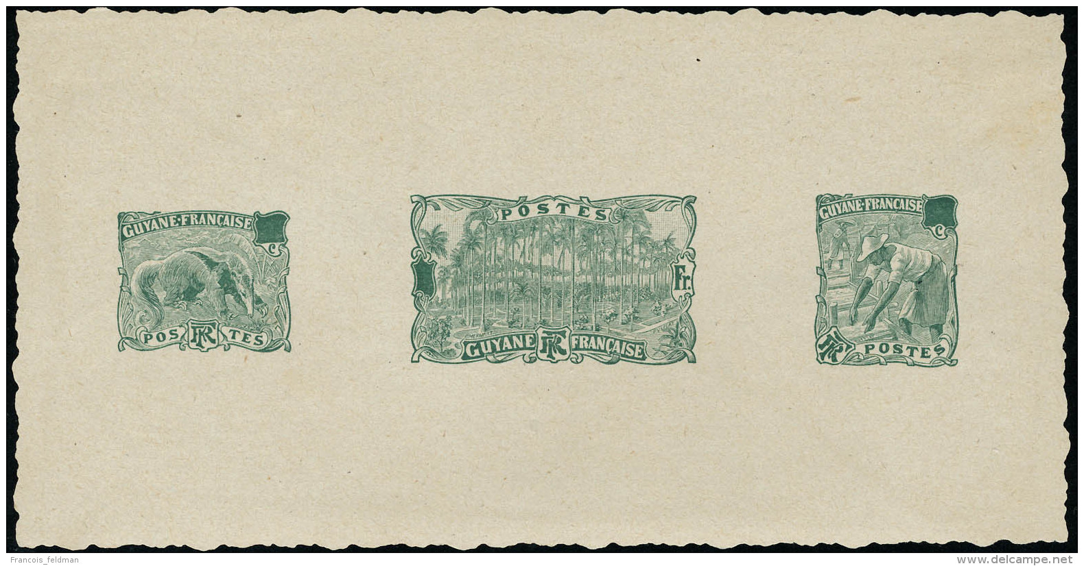 Epreuve Collective Sans Valeur Faciale En Vert Des 3 Types De 1904 Fourmillier, Laveur D'or, Place Des Palmiers.... - Autres & Non Classés
