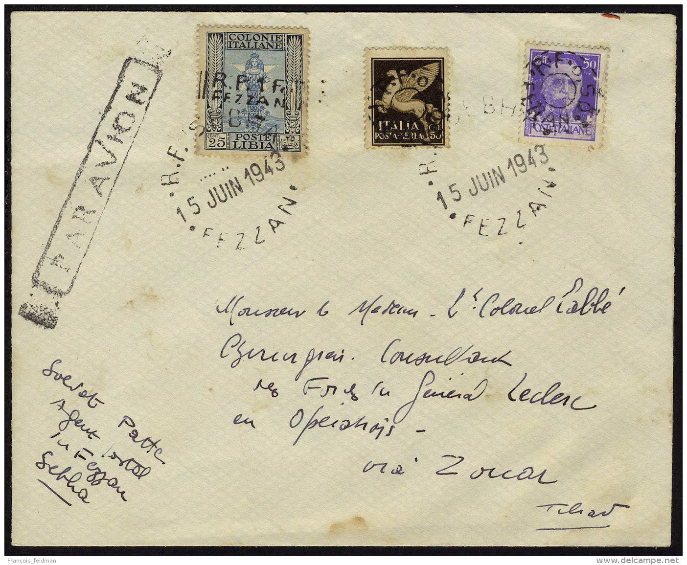 Lettre N° 18 + 19 + PA 3, Les 3 Valeurs Obl. Sur L. PA Obl. Sebha 15 Juin 1943 Pour Zouar, Arrivée Au... - Sonstige & Ohne Zuordnung