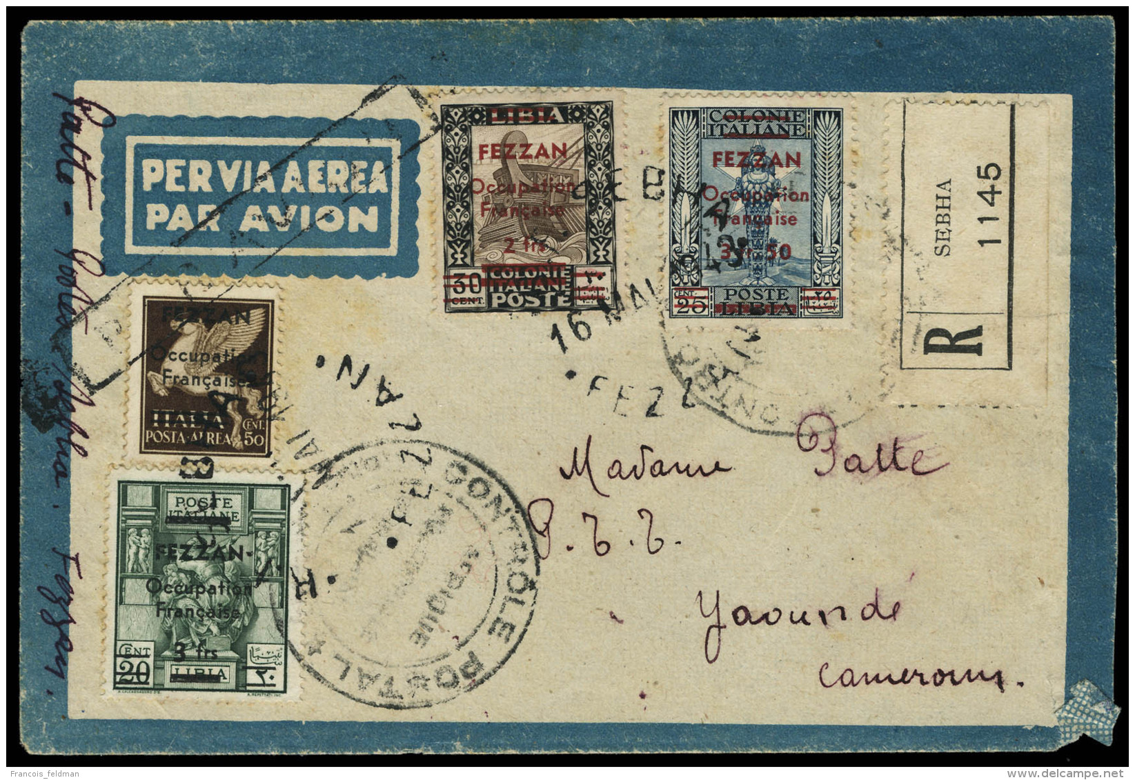 Lettre N° 4, 5, 6 Et PA N° 1, Les 4 Valeurs Sur LR De Sebha 16 Mai 1943, Pour Yaoundé Cameroun,... - Sonstige & Ohne Zuordnung