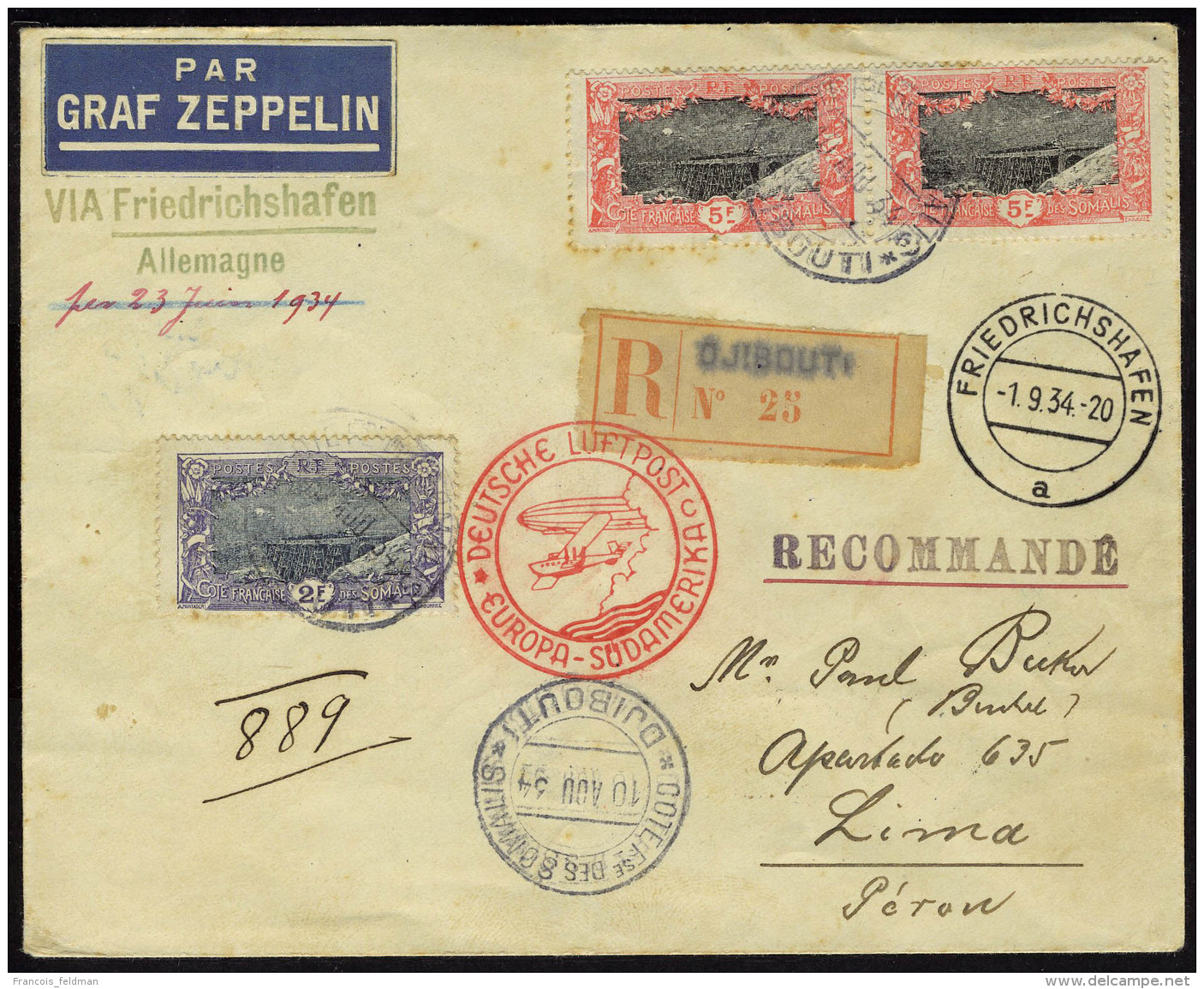 Lettre Zeppelin LR De Djibouti 10.8.34, étiquette Par Graf Zeppelin, Cachet Illustré Europa... - Autres & Non Classés