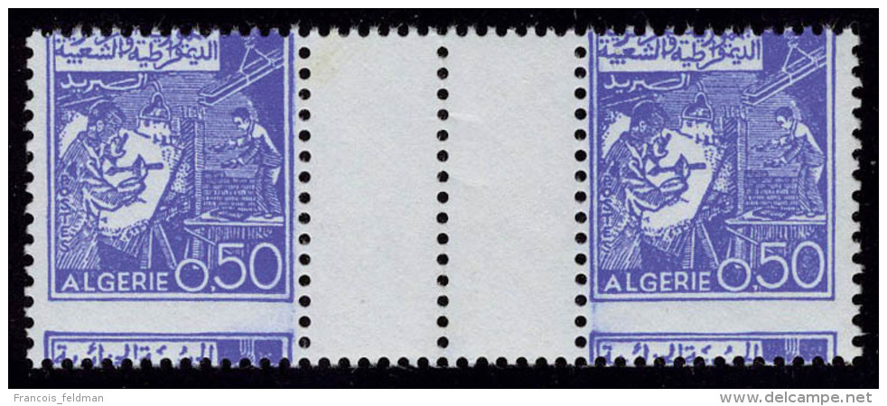 Neuf Sans Charnière N° 396, 50c Bleu, Paire Hor Interpanneau Avec Piquage à Cheval, T.B. - Autres & Non Classés