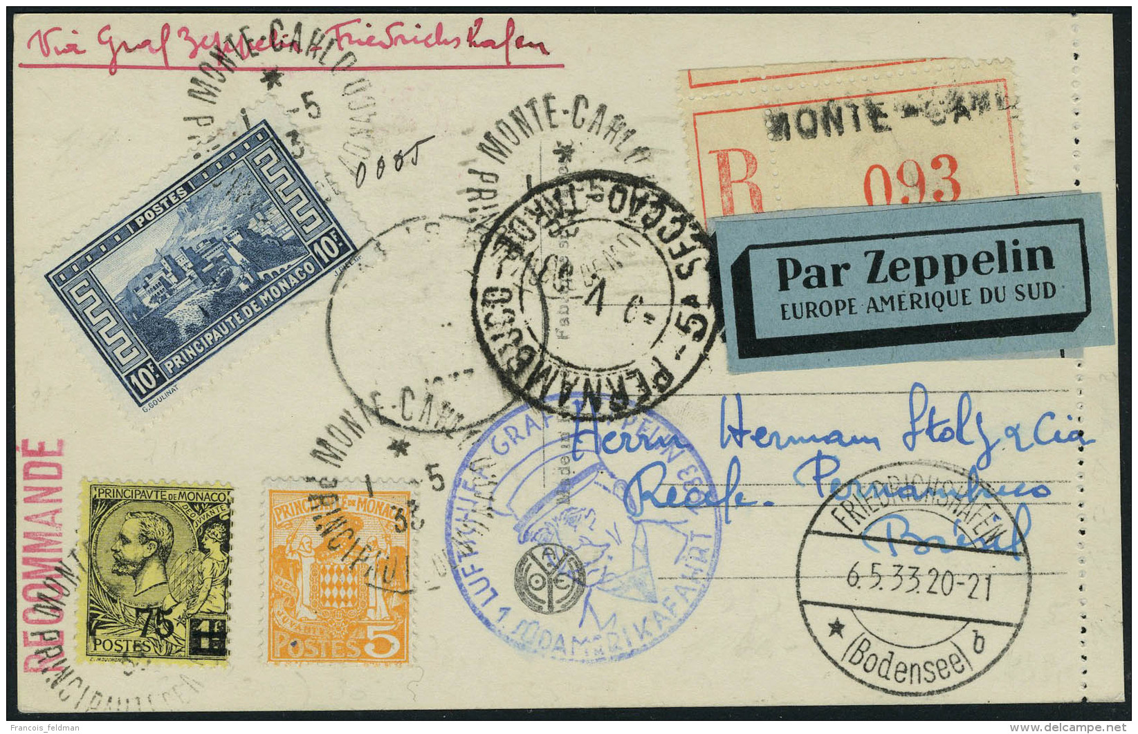 Lettre Zeppelin 1er Sudamerikafahrt 1933 Pour Le Brésil, T.B. - Autres & Non Classés