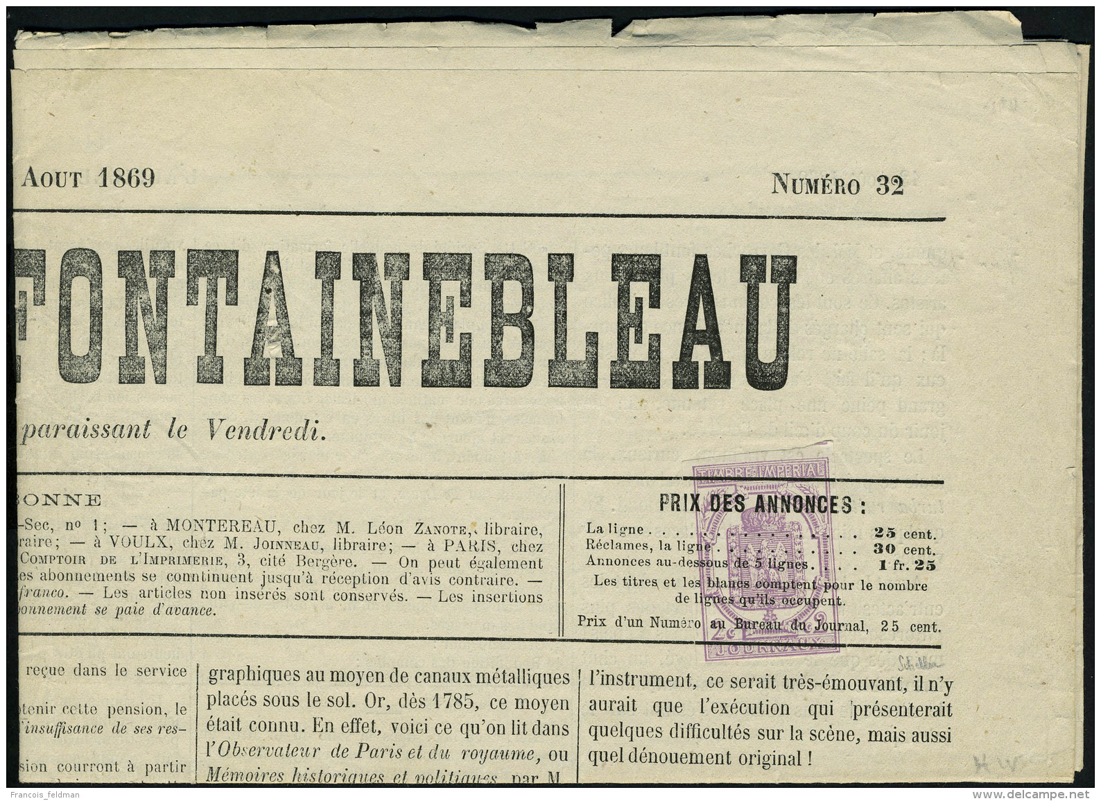 Lettre N° 1, 2c Lilas Obl Sur Journal Entier L'Abeille De Fontainebleau, 13 Aout 1869, T.B. - Autres & Non Classés