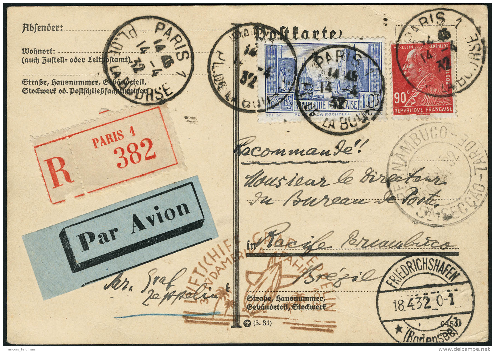 Lettre Zeppelin. 3. SAF 1932. C.P. Recommandée De Paris (14.4.32). CàD Friedrichshafen18.4.32 Pour... - Autres & Non Classés