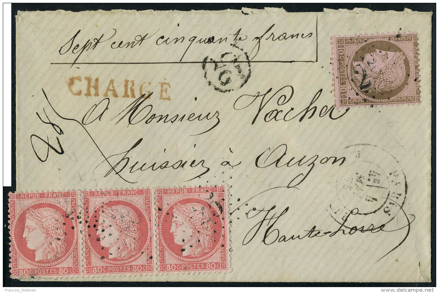 Lettre N° 57, 80c Bande De 3 + N° 54 10c Sur L Chargée Pour Auzon Haute Loire Mai 1875 T.B. - Sonstige & Ohne Zuordnung