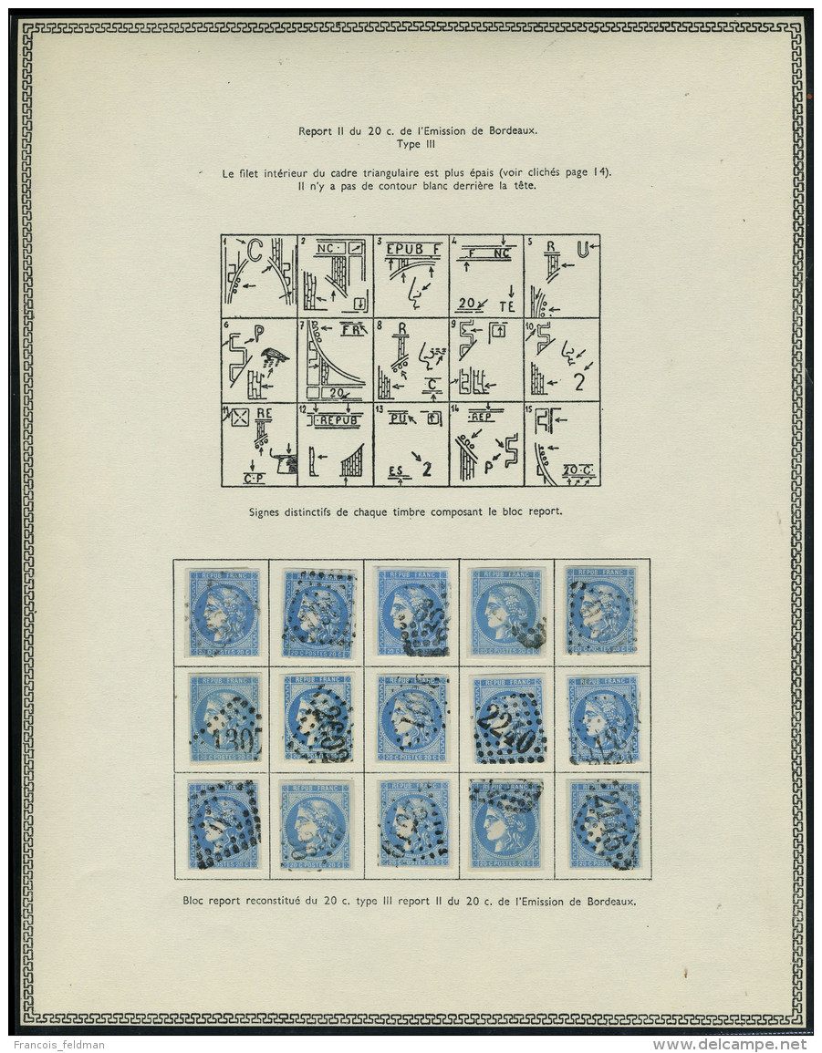 Oblitéré N° 46B, 20c Bleu, Type III Report II, Reconstitution Du Bloc, Report De 15, T.B. - Autres & Non Classés