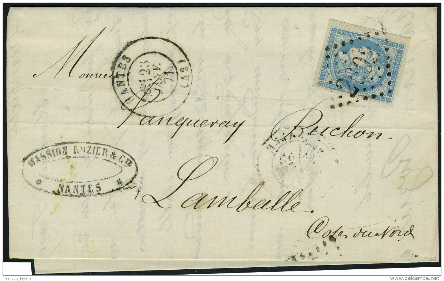 Lettre N° 45A, 20c Bleu, Bdf, Sur L De Nantes 23.1.71 Pour Lamballe, T.B. - Sonstige & Ohne Zuordnung