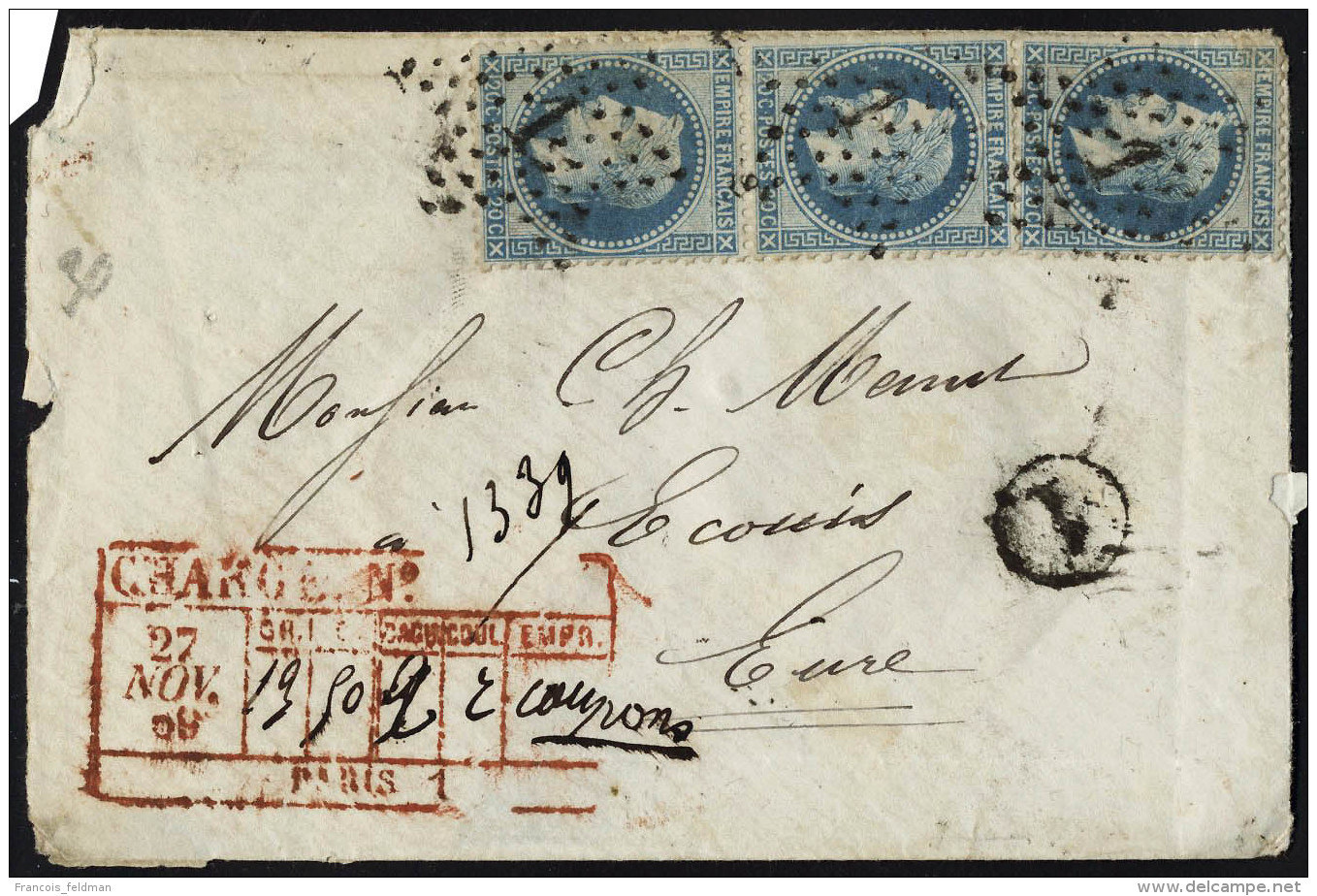 Lettre N° 29A, 20c Bleu Napoléon Lauré, Type I, Bande Vert. De 3 Sur Lettre Chargée,... - Autres & Non Classés