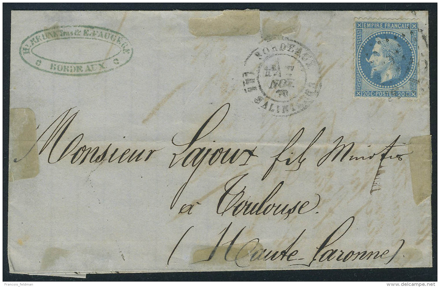 Lettre N° 29, 20c Bleu Variété à La Corne Sur L. De Bordeaux à Toulouse, T.B. Maury - Autres & Non Classés