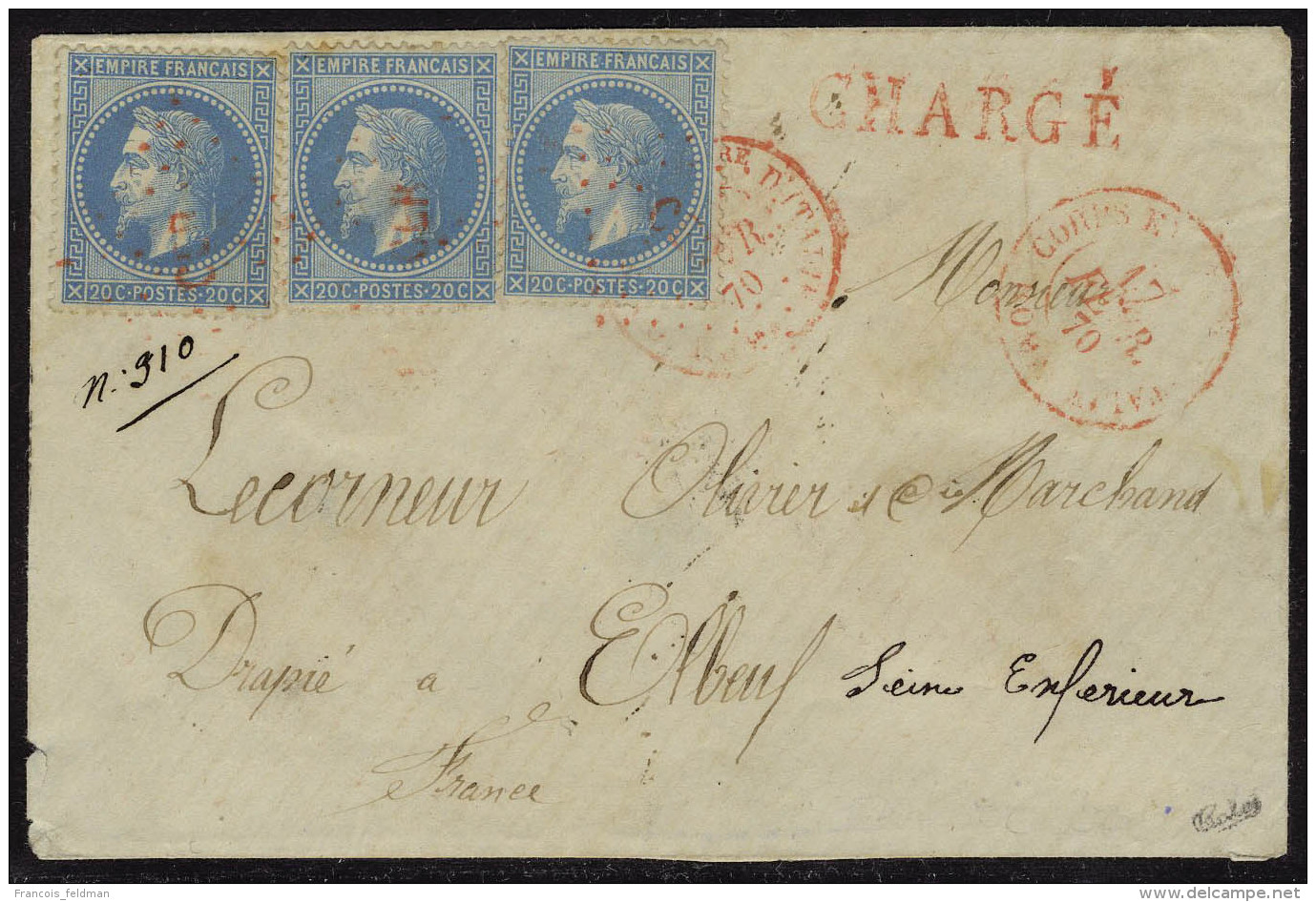 Lettre N° 29, 20c Bleu X 3ex Sur L. Chargée (descriptif De Chargement Au Verso), Obl Losange CER Rouge +... - Autres & Non Classés