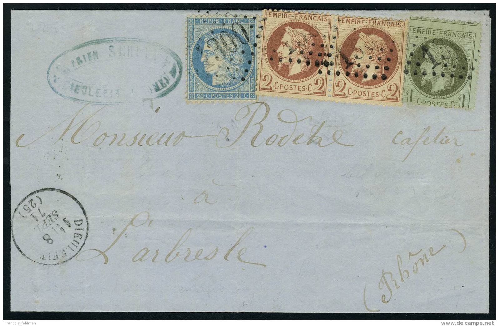 Lettre N° 25, 1c + 2 X 2c Lauré + 20 Siège, Tarif De Sept 71 à 25c De Dieulefit à... - Autres & Non Classés