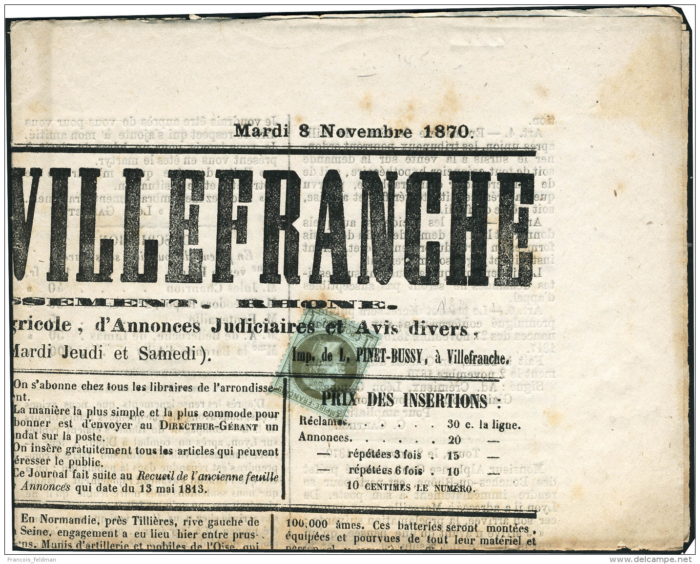 Lettre N°25. 1c Empire Lauré Seul Sur Journal Complet. Le Journal De Villefranche Du 8 Novembre 1870.... - Autres & Non Classés