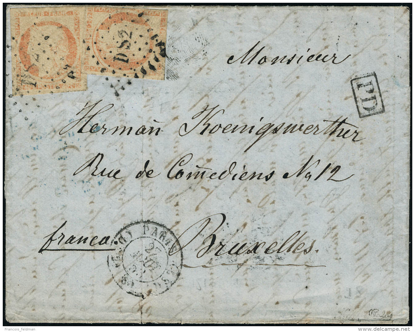 Lettre N°5e. 40c Orange Très Pâle X 2ex S/Lettre Obl. Los DS 2 Romains Et CàD Paris 27... - Andere & Zonder Classificatie