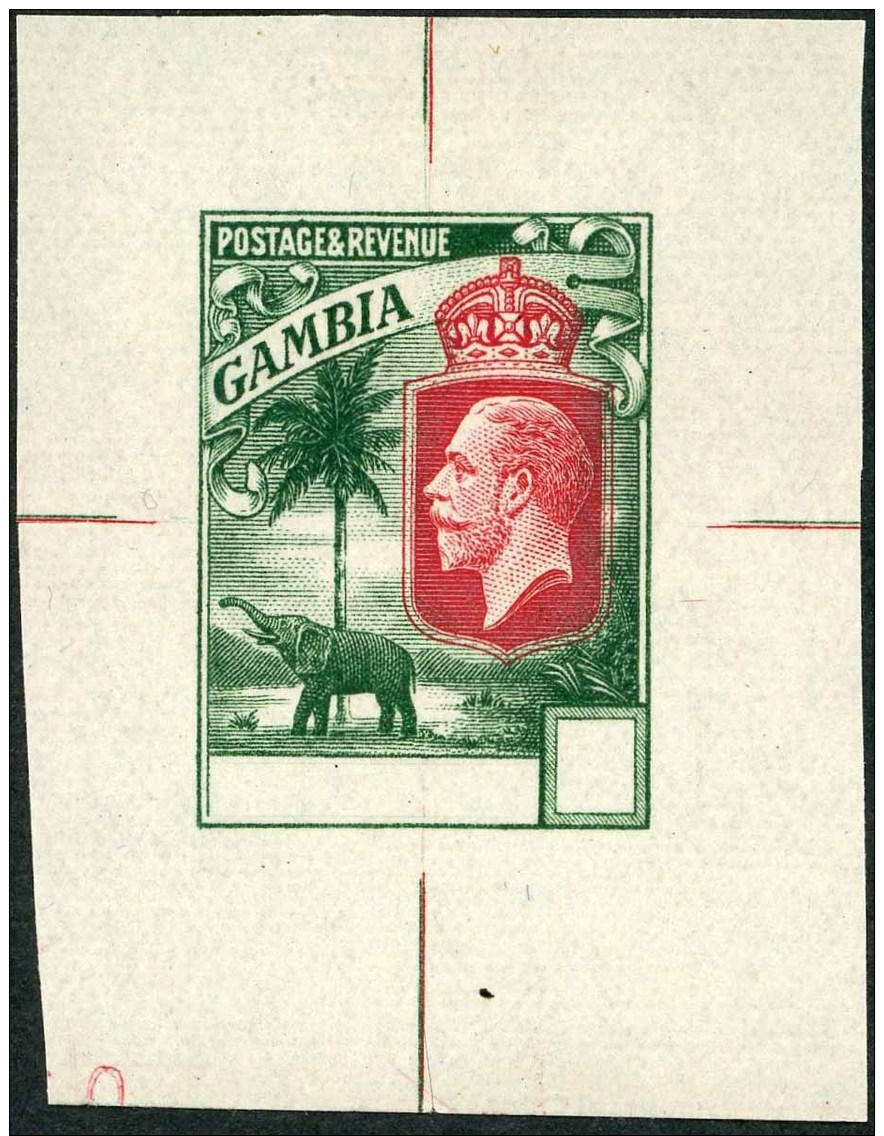 ** 1922 Elephant &amp; Palm Issue Composite Master Die Proof In Red &amp; Green And Showing Registry Lines In All... - Gambie (...-1964)